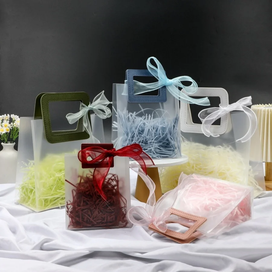 5pcs Frosted Accompaniment Plastic Transparent Tote Bag with 100g Shredded Paper Shaftless Ribbon 3m Birthday Party Gift Flower