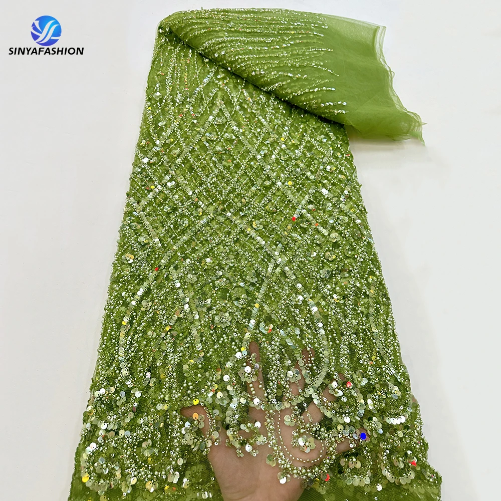 

Sinya Green African Nigerian 3D Sequins French Tulle Lace Fabric High Quality Beaded Lace Fabric Luxury For Wedding Party Dress