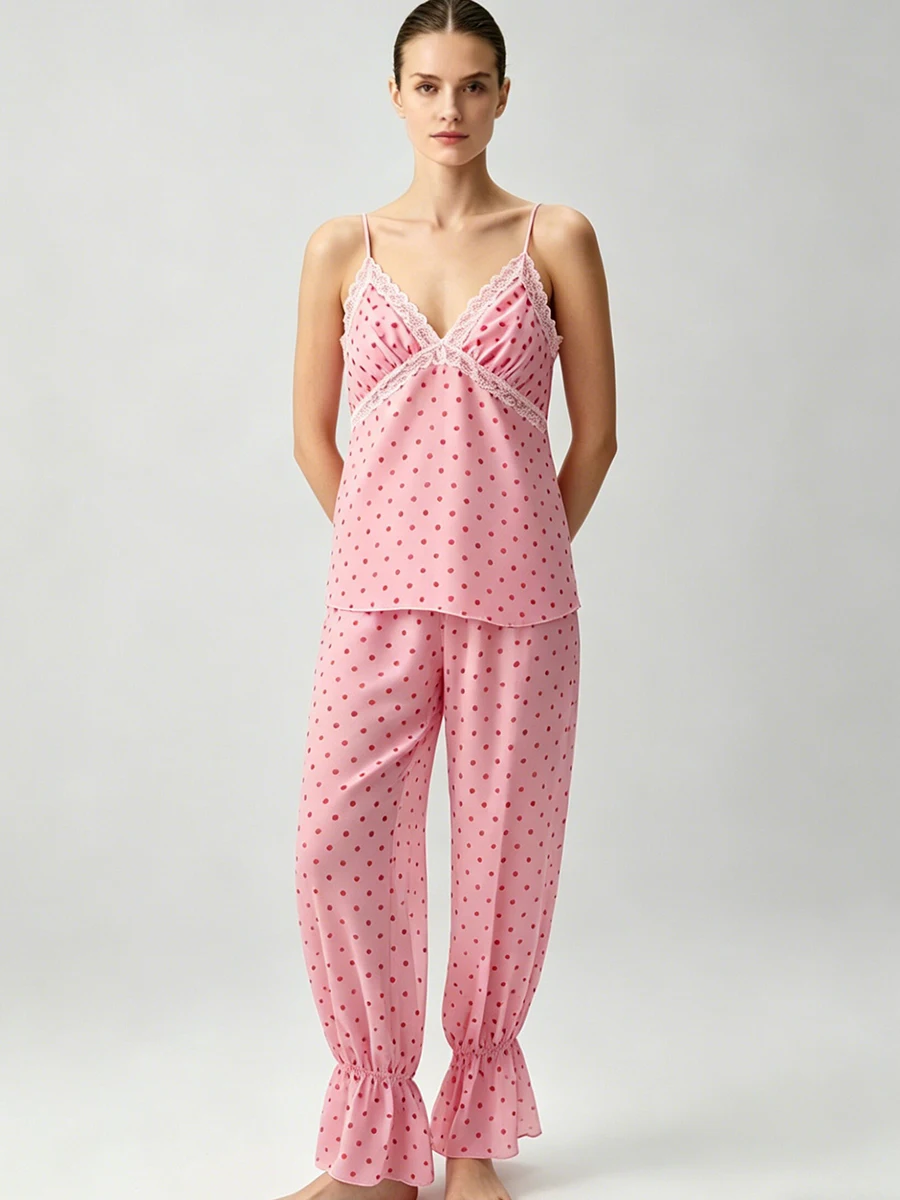 

LIMO Pink Polka Dot Lace Cami Pajama trousers Set, Soft Sleepwear for Women