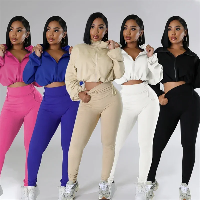 Solid Sportwear Two Piece Set for Women Tracksuit Casual Fitness Workout Zipper Bomber Jacket Top and Sweatpants Matching Sets