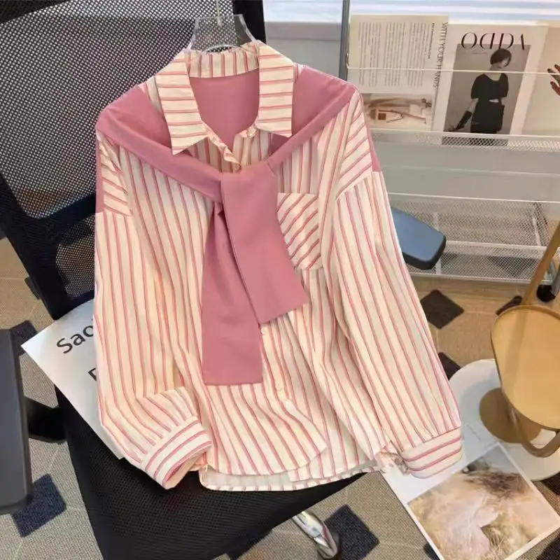 

Scarf Collar Stripes Long Sleeve Shirt 2026 Spring Autumn Women Office Top Exquisite Female Fashion Long Sleeve T-shirt