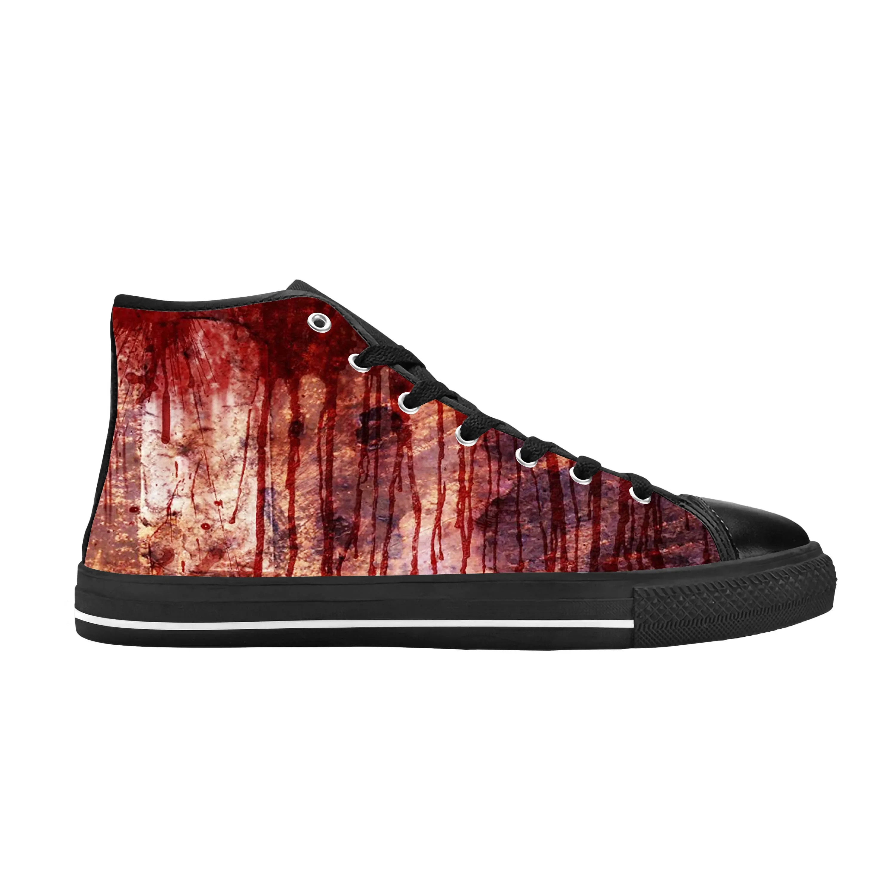 Tênis com padrão sangrento masculino e feminino, horror, halloween, gótico, casual, sapatos de pano, top alto, confortável, respirável, impressão 3D