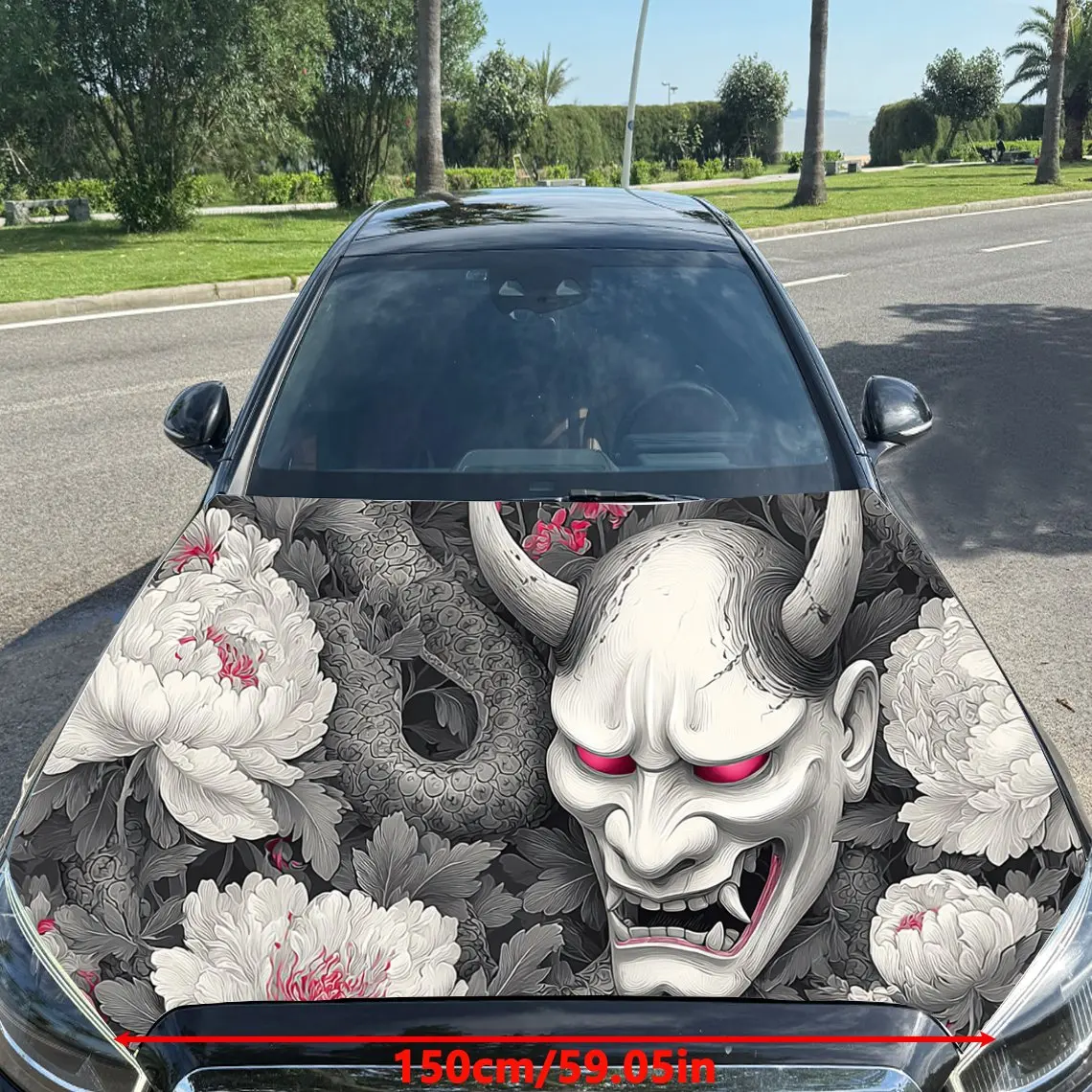Chinese-style Hannya-and-peony Pattern Car Hood stickers , PVC Material Multifunctional Car Hood Stickers, Scratch-Resistant & F