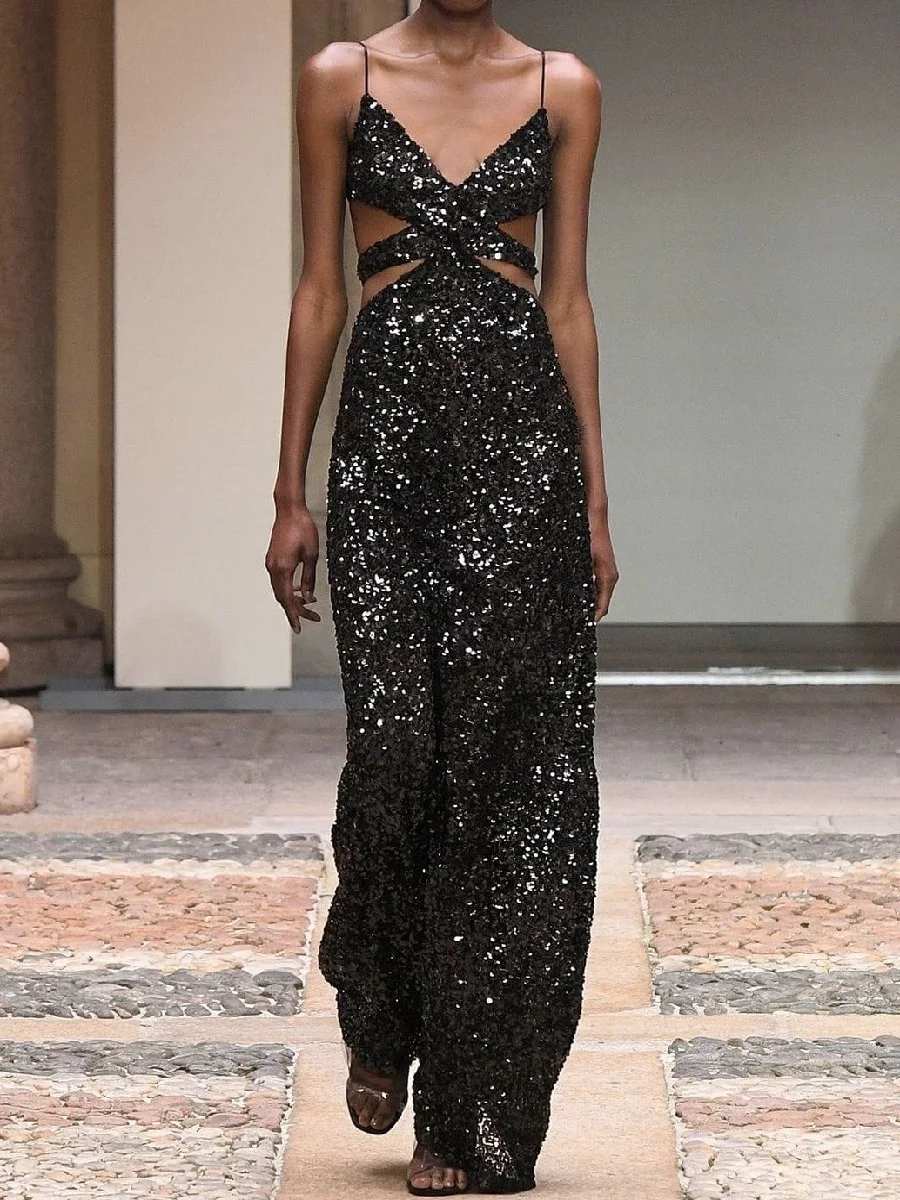 

2025 Winter Women's Sequined Evening Gown, Corset, Hollow Out, Sexy, Lace-up Dress, Y2K New Fashion, High-Quality, Party Dress