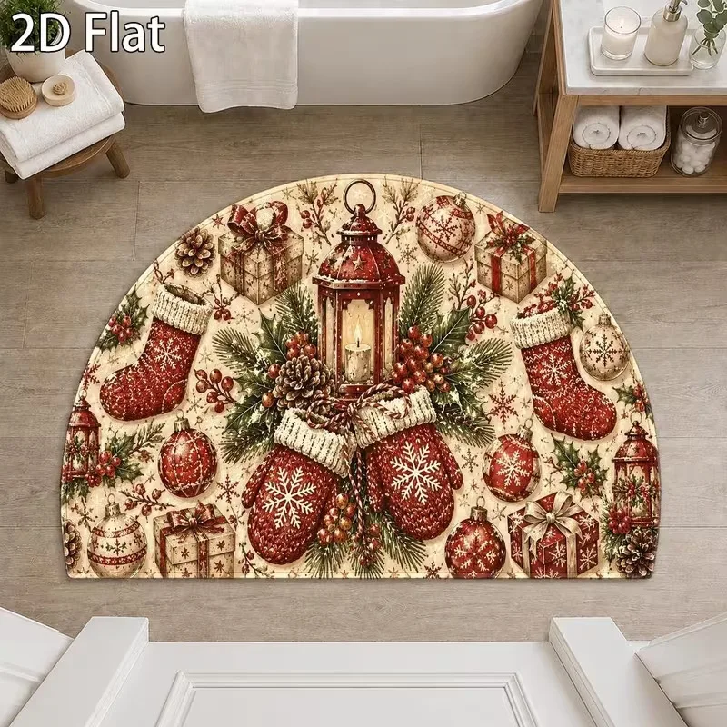 VIKAMA Semi Circle Five Gingerbread Men Candy Cane Bath Mat Water Absorbent Non Slip Bathroom Shower High Traffic Home Decor