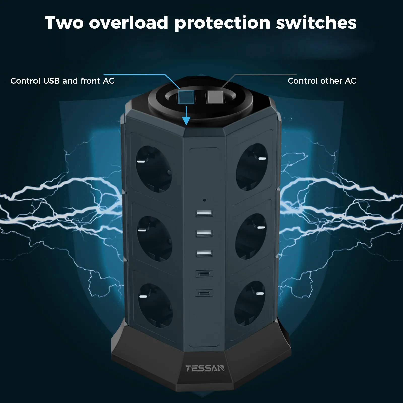 TESSAN Tower-Steckdosenleiste mit Mehrfachsteckdosen, 3 USB-Anschlüssen, 2 Typ-C-Anschlüssen, 2M Verlängerungskabel, Überspannungsschutz, EU-Stecker, Vertikale Elektrosteckdose – Detail 10