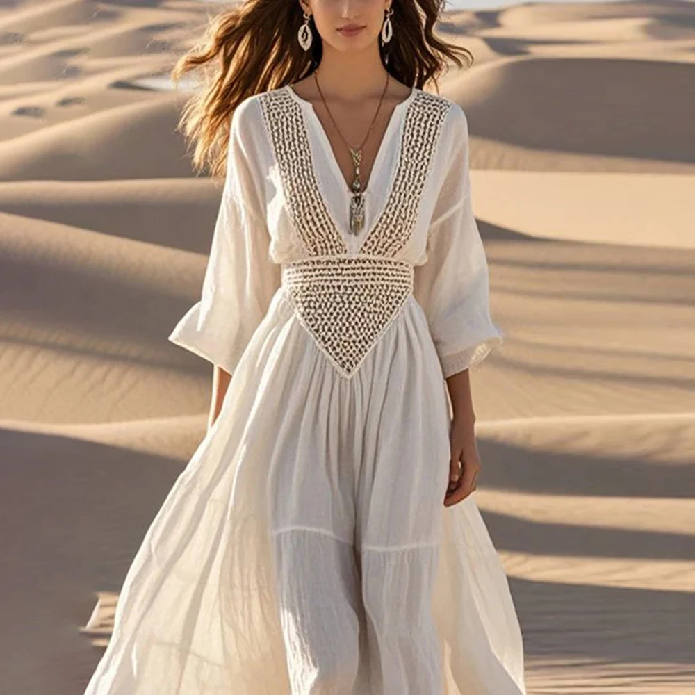 

Bohemian Hollow Out Sexy Women’s Dress Deep V-Neck High Waist 3/4 Sleeve Summer Autumn Dress A-Line Vintage Beach Maxi Dresses