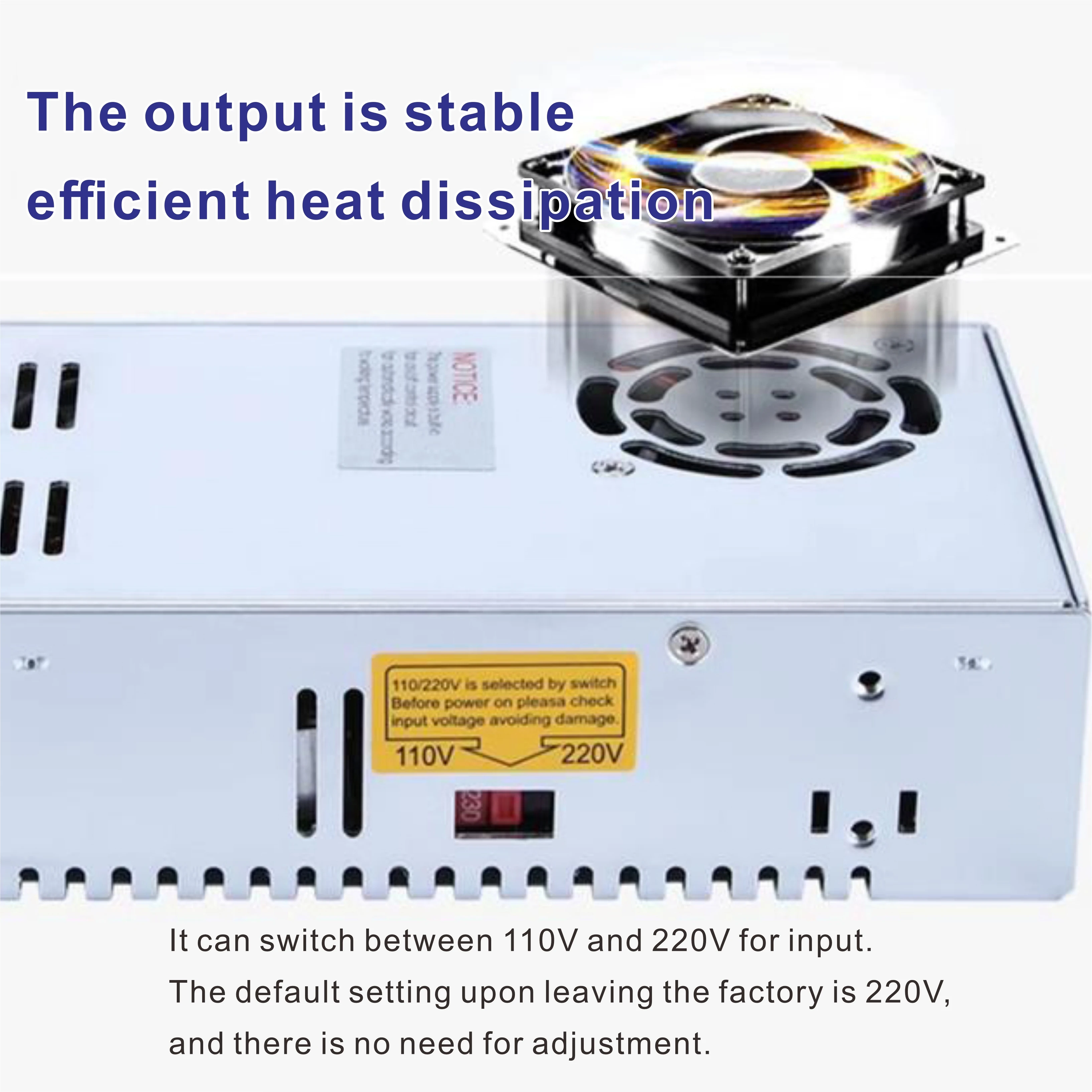 110V/220V switchable power transformer for LED low-voltage light strips, with DC5V/12V/24V output. The input and output are stab