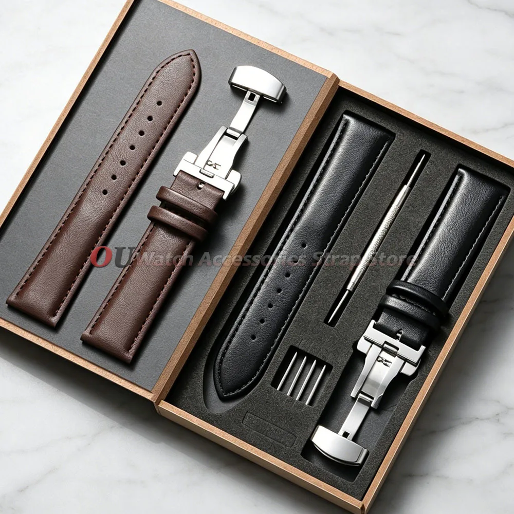 Bracelet en cuir véritable avec boucle papillon, 18mm, 20mm, 22mm, 24mm, pour Seiko, accessoires de montre