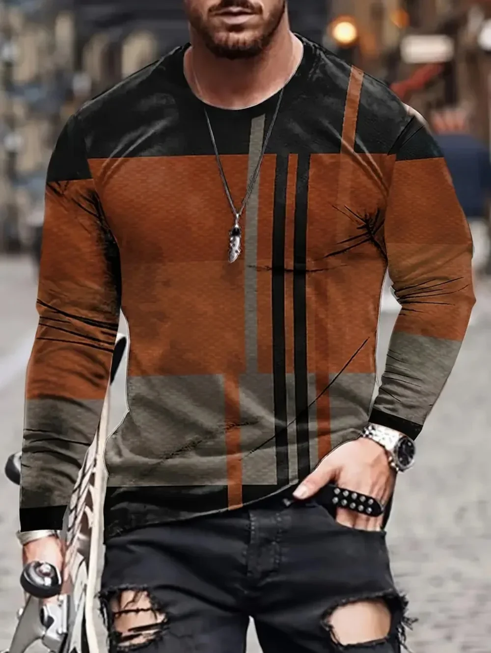 Herren Langarm-T-Shirt aus Polyester mit 3D-Druck, Vintage-Bürstertextur, geometrischem Grafikmuster, Rundhalsausschnitt, lässige Streetwear-Oberteile – Detail 3