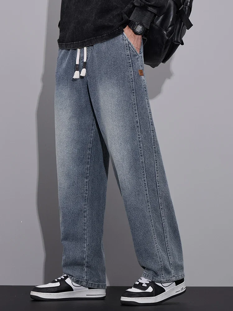 봄 헐렁한 넓은 다리 청바지 남성 탄성 허리 질감 패브릭 조깅 바지 패션 한국어 streetwear 캐주얼 루즈 한 바지