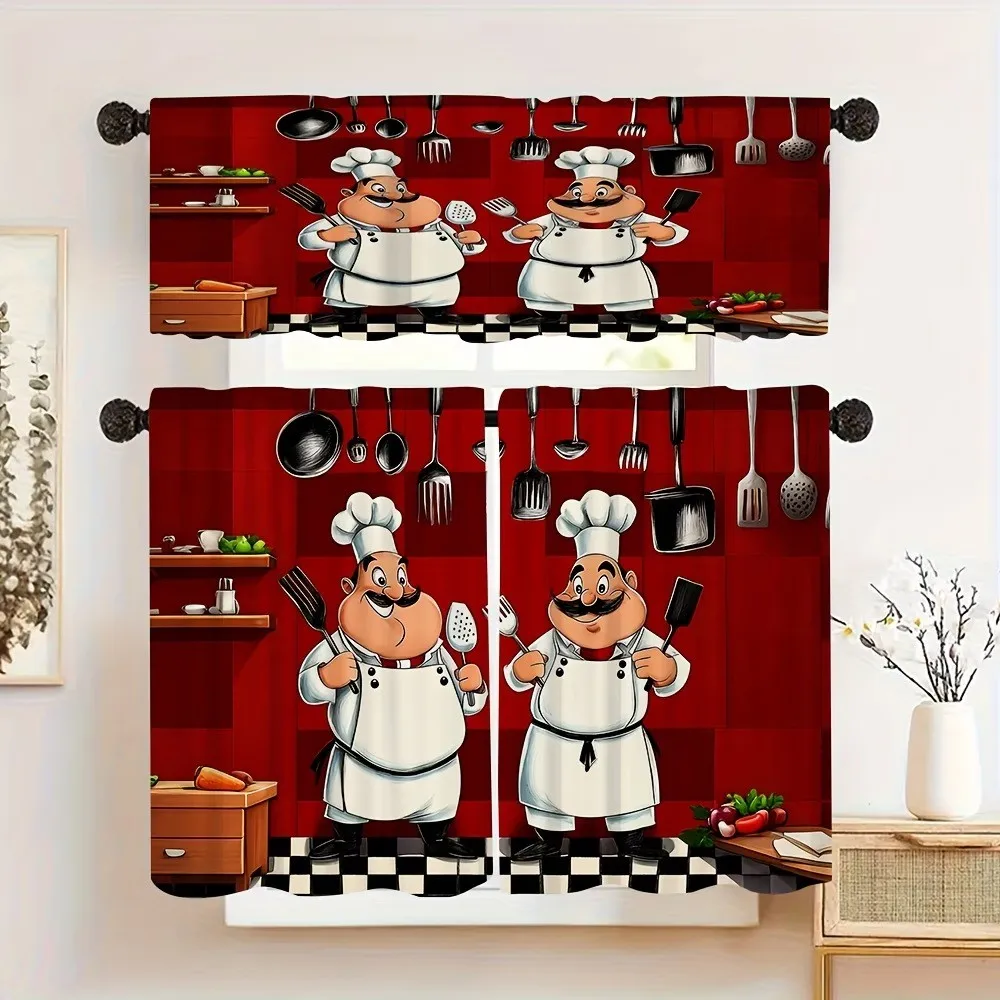 Cartoon Kitchen Curtains, Red Chef Cook Utensil, Digital Print, Kitchen Dining Room Cafe, Rod Pocket Polyester, Home Decor