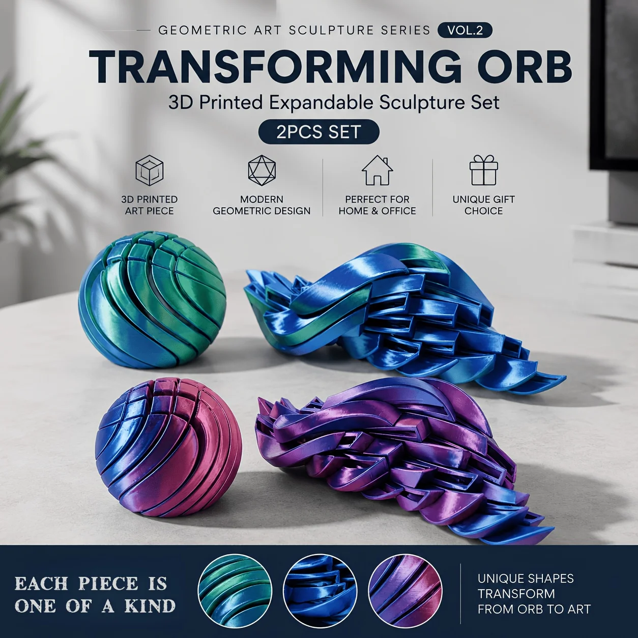 2-Piece Set of 3D Printed Deformable Sphere Sculptures |   Expandable Geometric Desktop Artwork |   Modern Home and Office Decoration