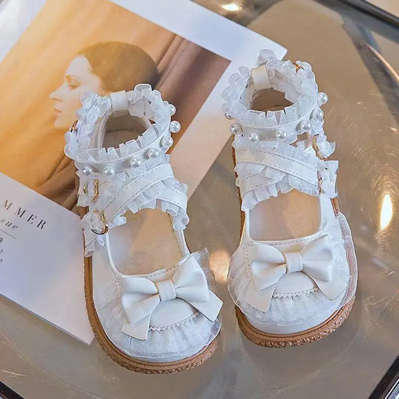 Princess Girls leather shoes Lace Round Toe shoes Cute Baby leather shoes Bar Flats Mary Jane Shoes Bow Lolita Single Shoes Teen