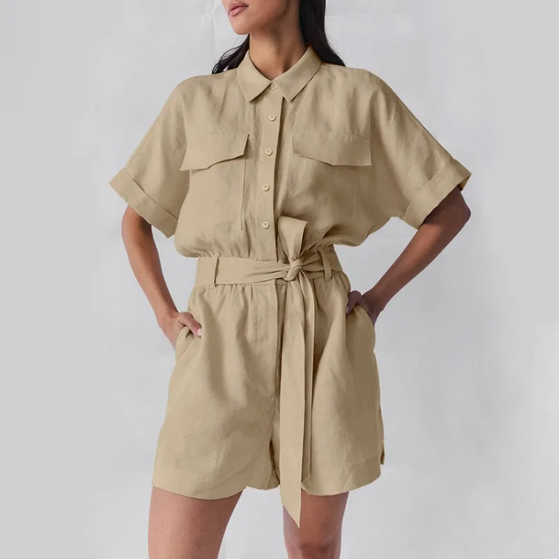 Women Vintage Fashion Khaki Short Sleeve Jumpsuit Personalized Street Style Women's Cotton Linen Casual Cargo Wide Leg Jumpsuits