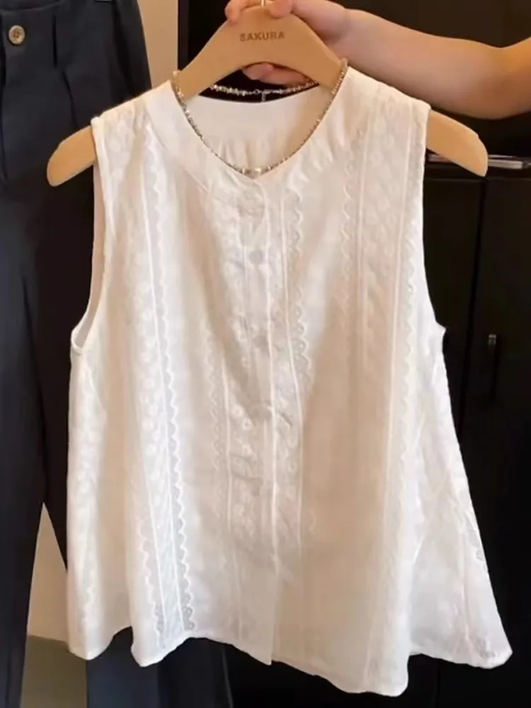 

Lace Embroidery White Svel Vest irt Women's Loose Top Self-kept Sle Summer New Arrival Korean Version Button Design