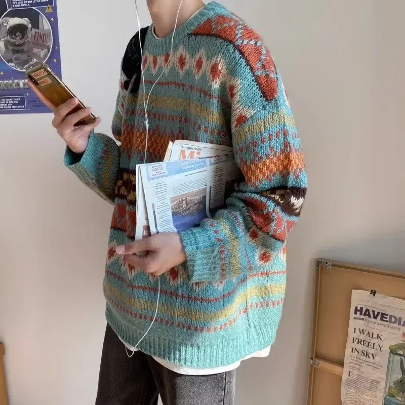 الرجال فضفاضة عادية جولة الرقبة محبوك سترة العصرية الخريف الشتاء الكورية نمط خمر هونغ كونغ نمط تنوعا سترة صوفية