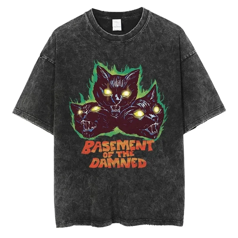 BASEMENT OF THE MADNED Cat Graphic T-shirts Retro Gothic Print Clothes Men Women Streetwear Cotton Oversized Short Sleeve Tees