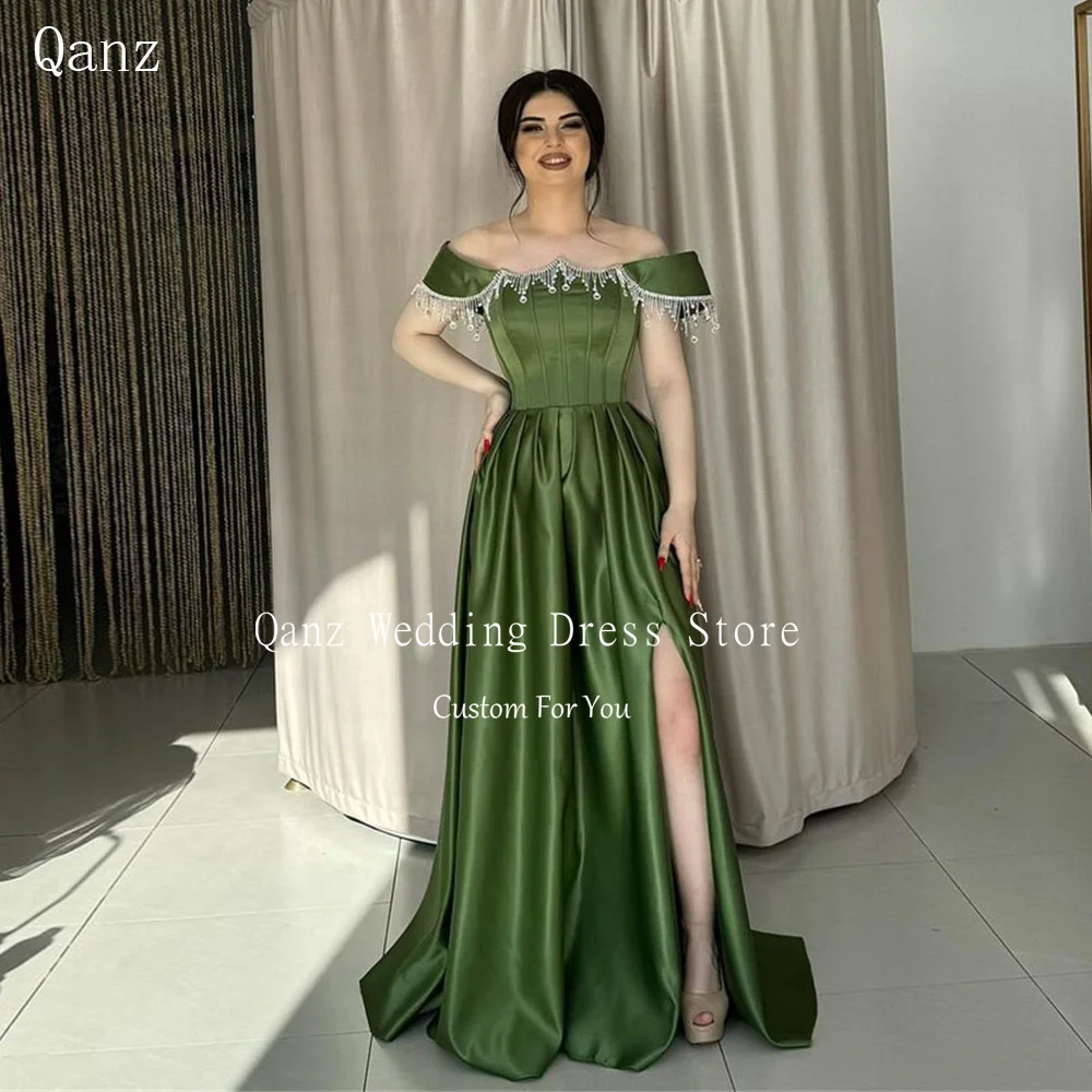 

Qanz Modern Off the Shoulder Evening Dresses Woman Elegant High Slit Prom Dresses 2024 Satin Floor Length Birthday Dresses