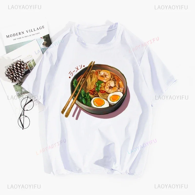 Japan Ramen Cat Anime Aesthetic T Shirt Vintage Harajuku Poly-Cotton Tshirt Hip Hop Girl Print Summer Casual Men Fashion Tops