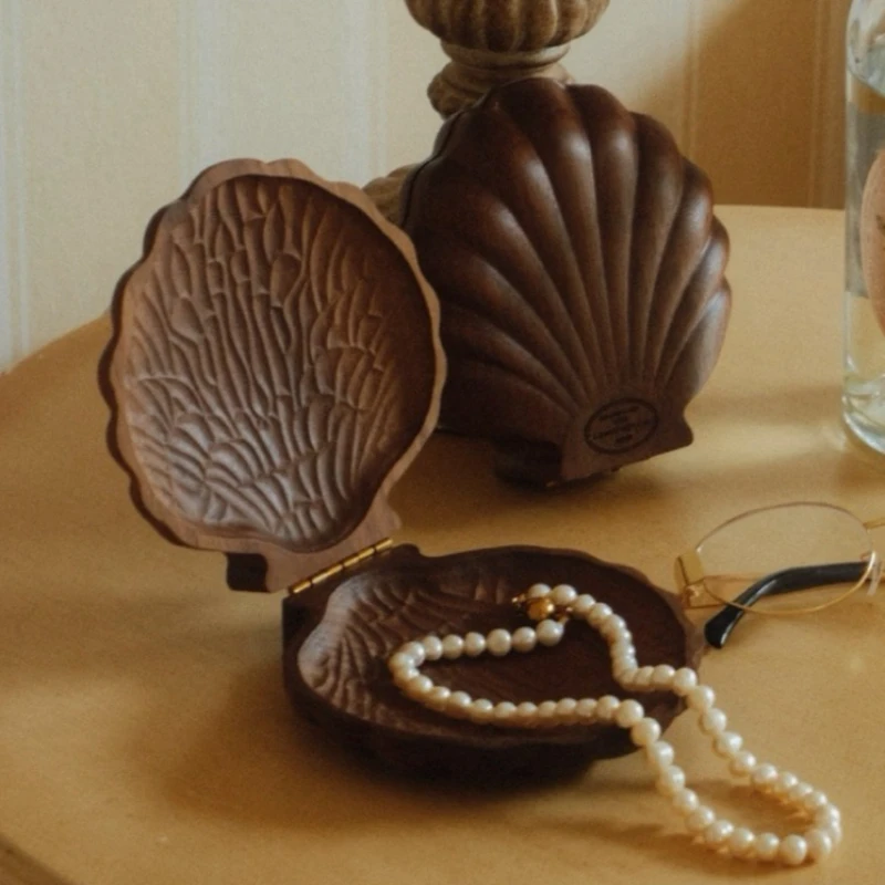 Shell Retro Jewelry Storage Box Walnut Wood Necklace Earrings Organizer Boxes Portable Ring Jewelry Packaging Gift Box for Women