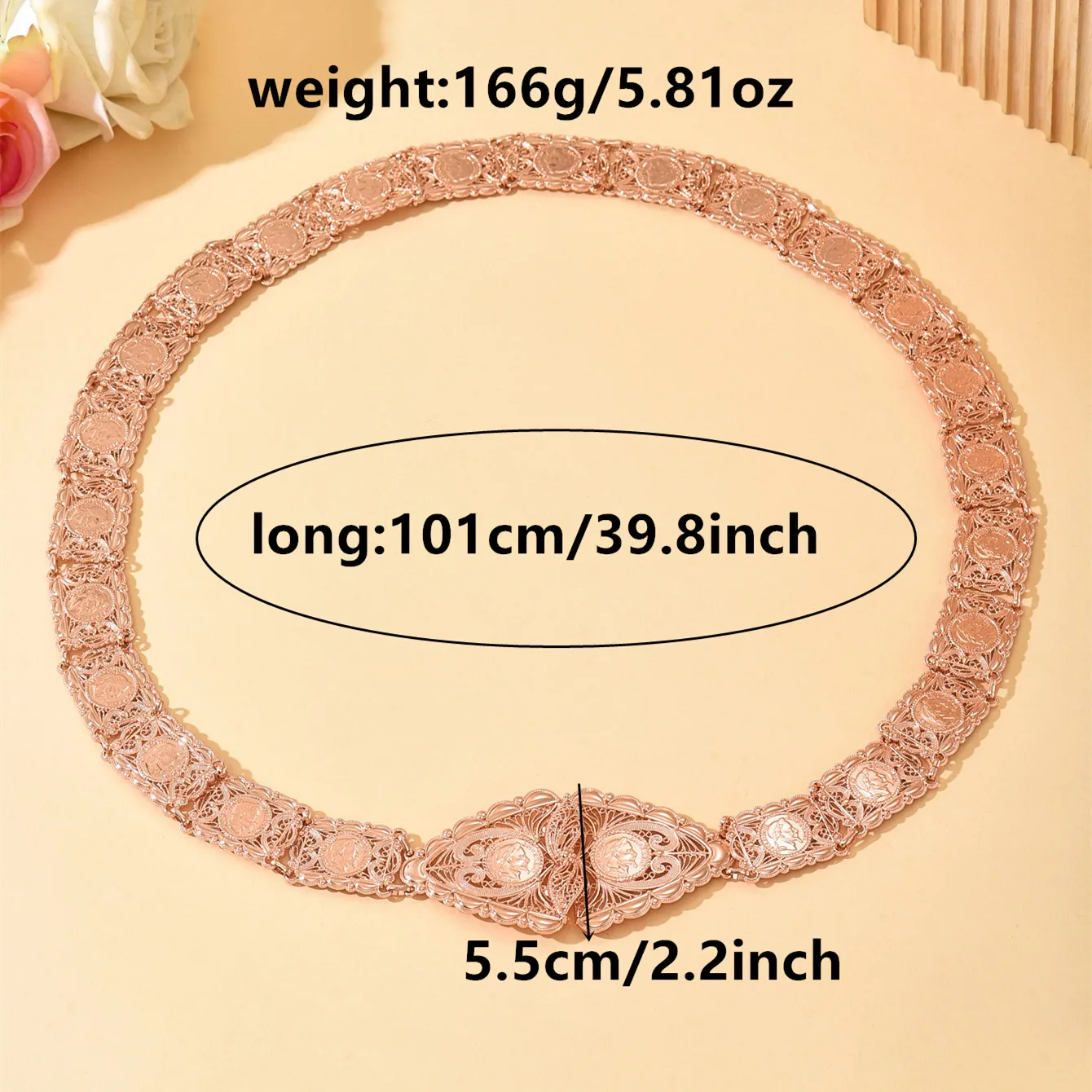 حزام تخريمية لحفلات الزفاف - ذهبي وذهبي وردي مع عملة مزخرفة منقوشة لأناقة ثوب الزفاف الخالدة وتصفيف الزفاف الملكي #6