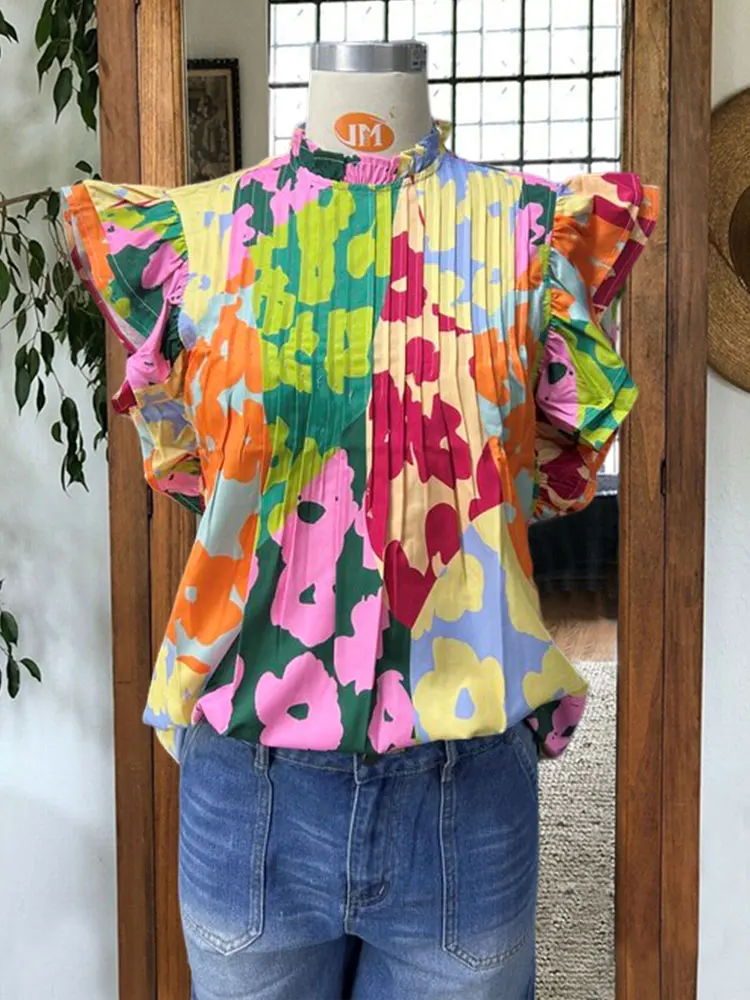 Multicolor Pleated Ruffle Sleeve Blouse Floral Chiffon Shirts & Blouses