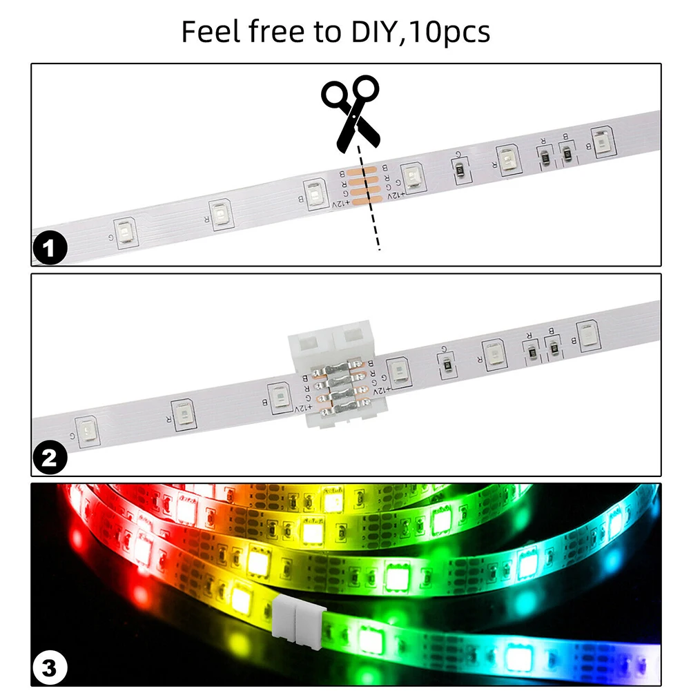 10 PCS 10mm 4-pin Solderless Clip-on Coupler Connector For 5050 RGB LED Strip Light Solder-free Buckle Connector