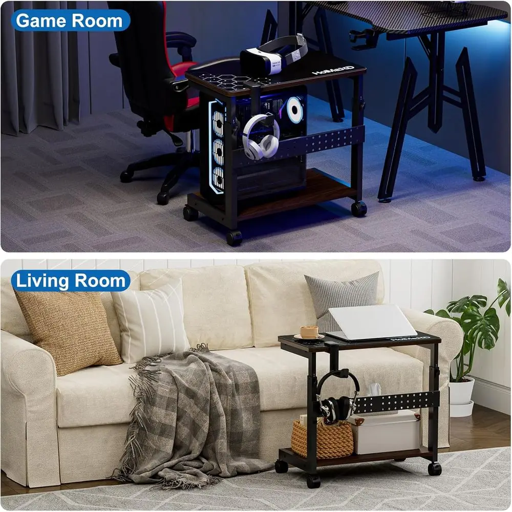 Walnut 2-Tier Adjustable Computer Stand with Mouse Pad and Headphone Holder, Desk-Mounted PC Cart for Home Office and Gaming