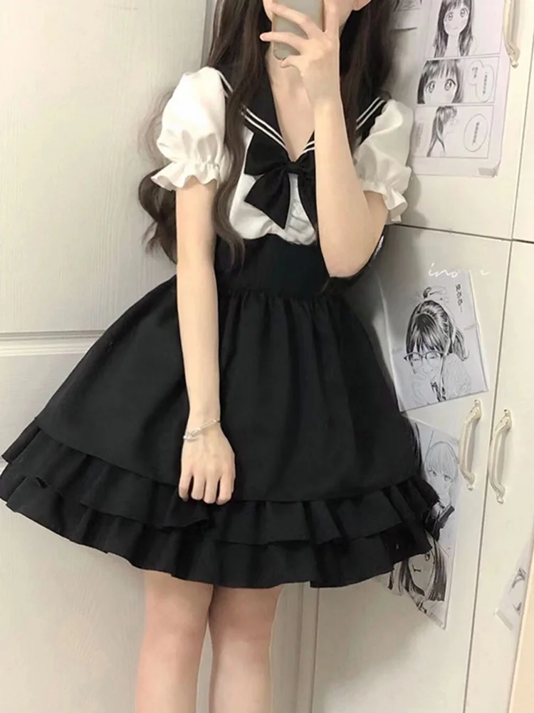 

Summer Princess Style Lolita Skirt Set College Fashion JSK Strap Dress High Waist Short Skirt Regular Sleeve Knot