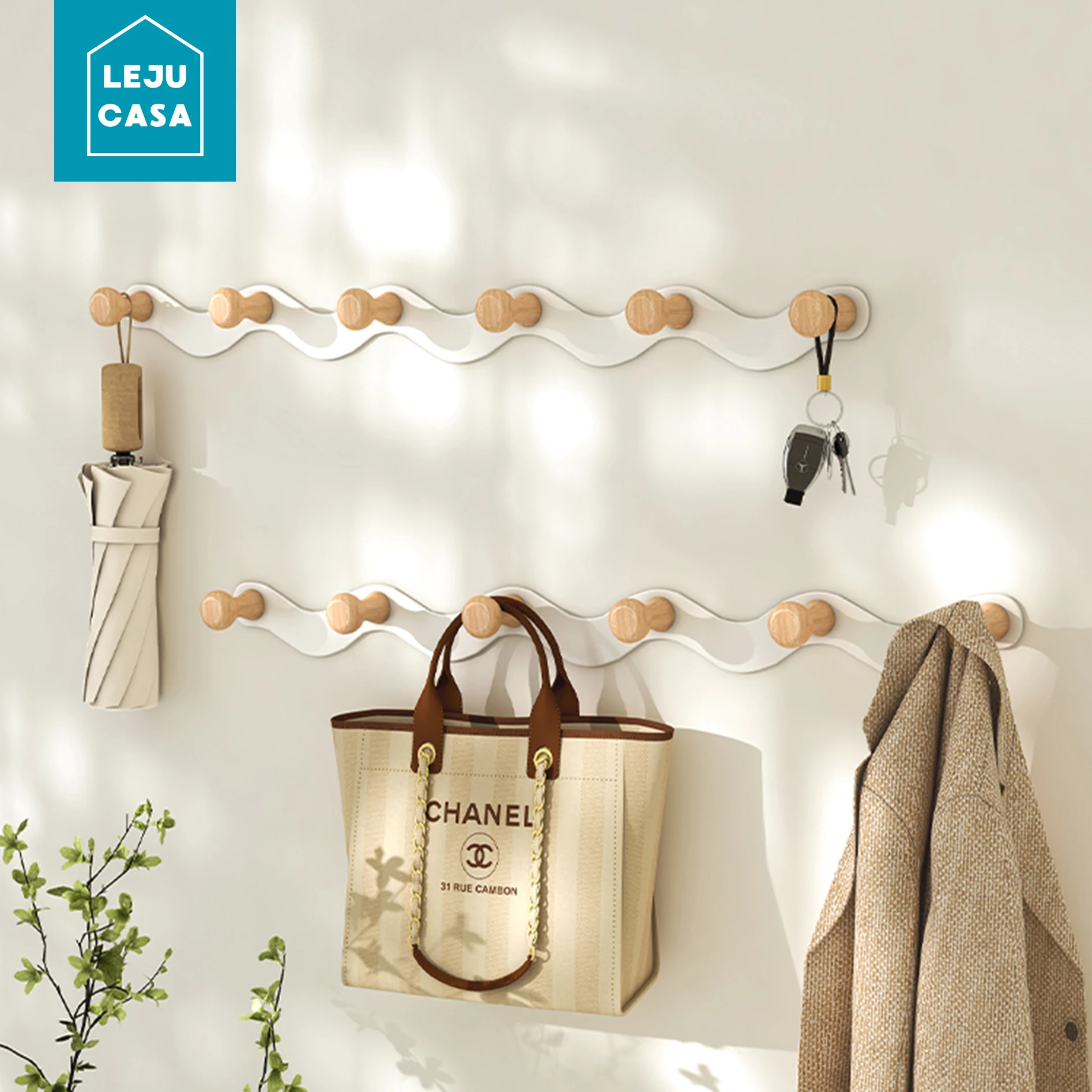 Coat Rack Wall Mount Creative Wave Metal Hooks No Punch Wooden Hanger Simple Multi-functional Porch Bathroom Coat Hook