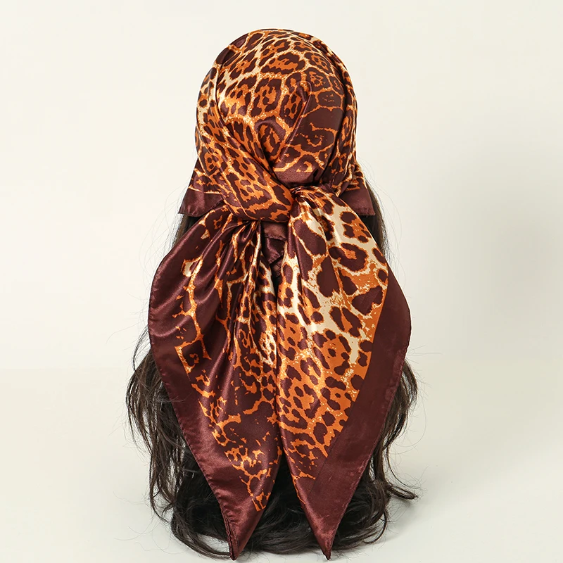 New 90*90cm Leopard Print Luxury Brand Square Silk for Women Foulard Satin Bandana Summer Soft Neckerchief Beach Hair Scarves