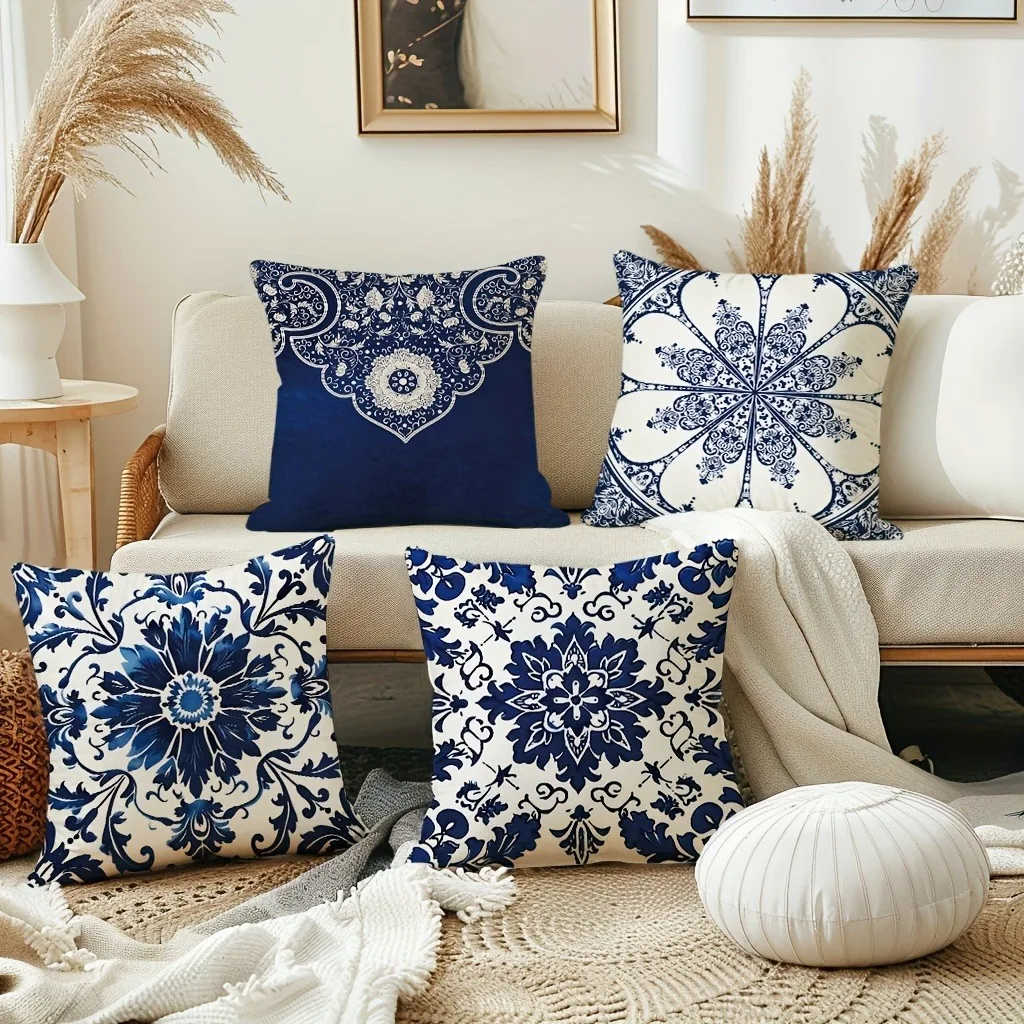 Ethnic style blue floral pattern printing pillowcase living room sofa chair cushion cover bedroom room home decoration