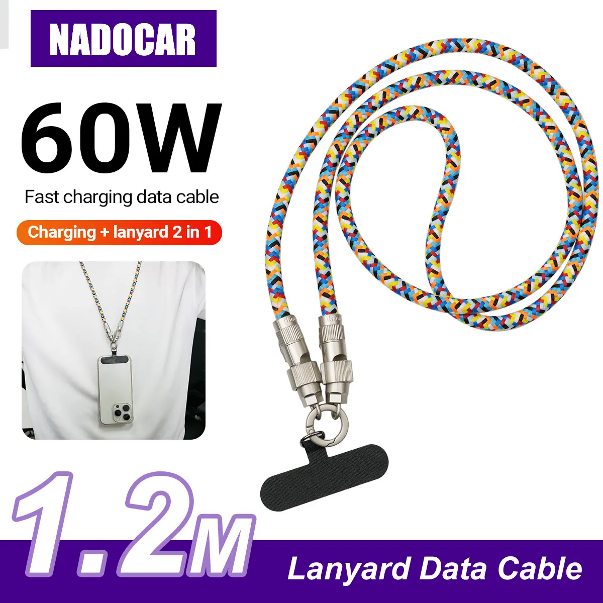 

60W USB-C to Type-C Fast Charging Cable With Lanyard, 1.2M/47.24In Color Data Cable Compatible With Mobile Phone and Laptops