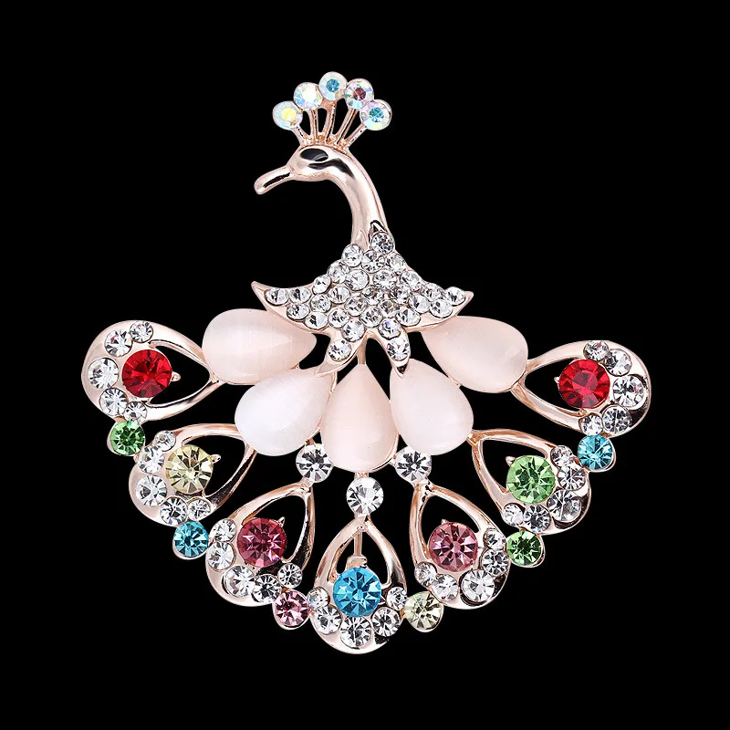 Luxury Rhinestone Opal Peacock Brooches Women Suit Neckline Buckle Crystal Jewelry Princess Animal Pins Clothing Accessories 211