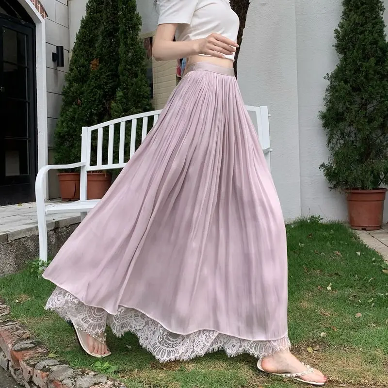 Lace Lining Spring Summer Womens Midi Long Skirts Korea Style Lolita Mesh Skirt Mori Girl Cute High Waisted Pleated Skirt