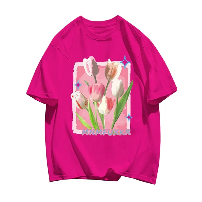 Rose Red Girl Style Harajuku Oil Painting Dreamy Tulip Print Female T Shirt Casual Summer Fashion Women Cotton Tees Tops 2022