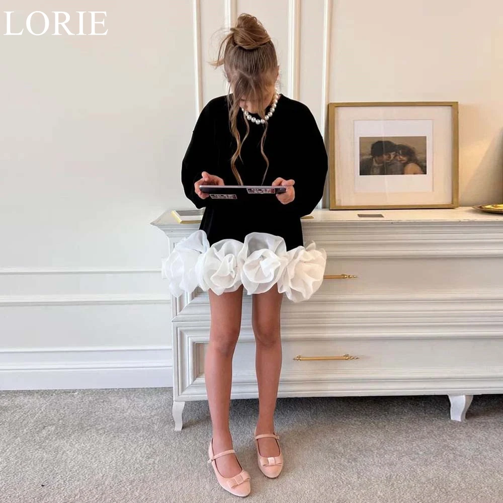 LORIE-vestidos informales de terciopelo negro para niña, vestidos de flores con cuello redondo y flores, vestido de fiesta de manga larga, bonito vestido de cumpleaños personalizado 2025