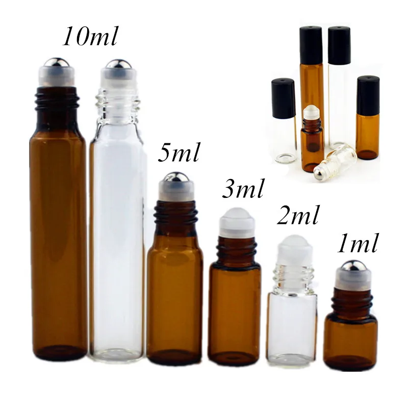 5PC/Pack 1ml 2ml 3ml 5ml 10ml Amber Thin Glass Roll on Bottle Sample Test Essential Oil Vials with Roller Metal /Glass Ball