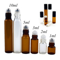 5PC/Pack 1ml 2ml 3ml 5ml 10ml Amber Thin Glass Roll on Bottle Sample Test Essential Oil Vials with Roller Metal /Glass Ball