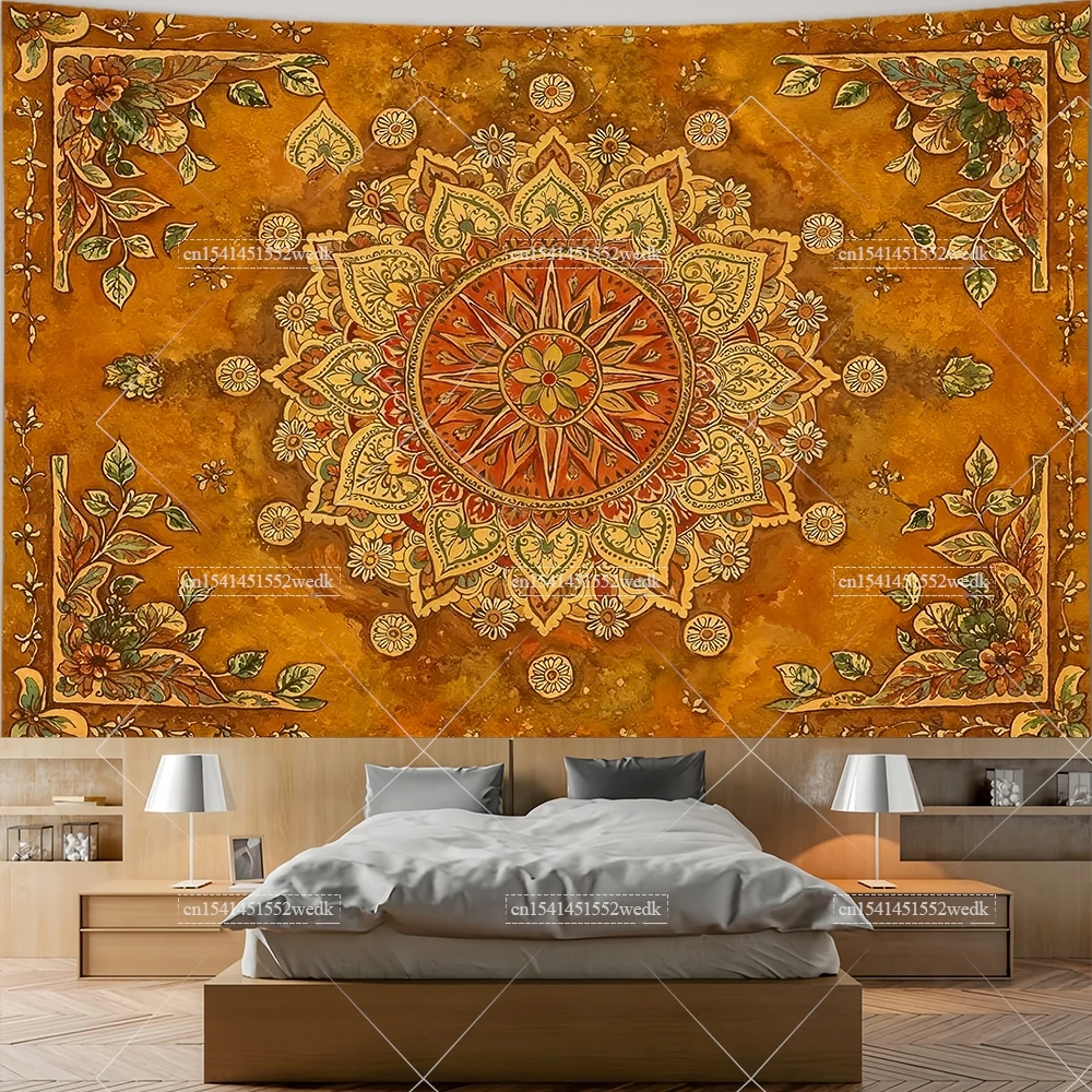 Boho Floral Mandala Tapestries Indian Bohemian Flower Wall Tapestry Aesthetic Living Room Decor Sun Moon Medallion Tapestrys