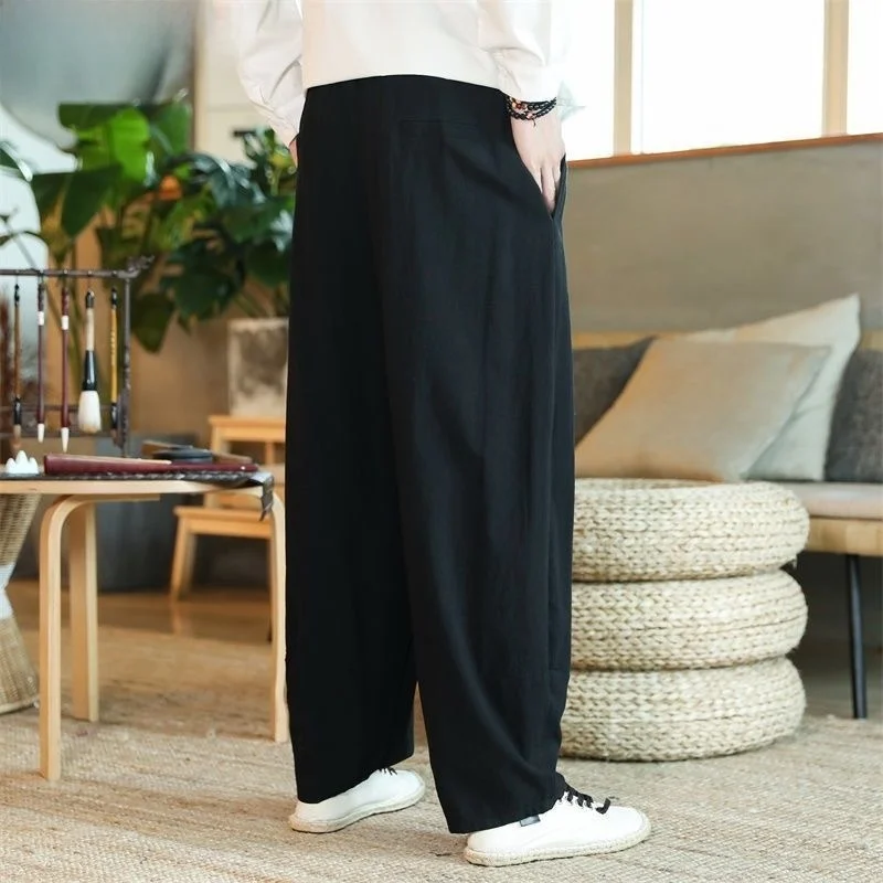 

Свободные хлопковые и льняные широкие брюки, летние мужские удобные повседневные длинные брюки большого размера Harlan, брюки-фонарики, свободный крой