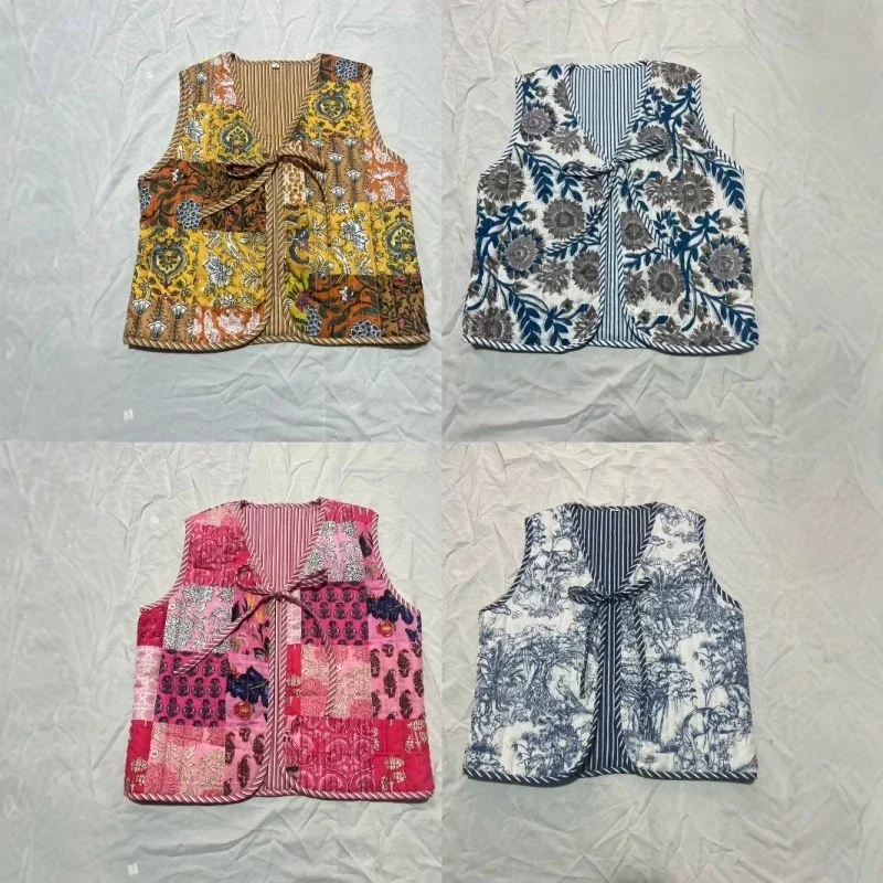 Women National Style Sleeveless Patchwork Floral Print Quilted Vest Jacket Ladies Lace Up WaistCoat Chic Crop Tops 2024