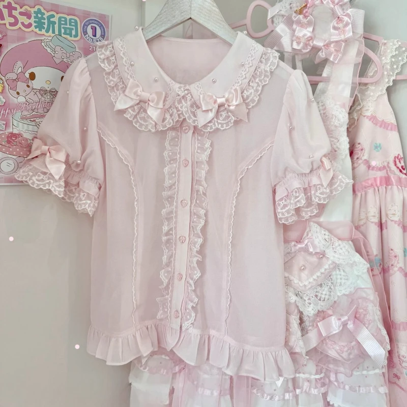 Coquette Sweet Lolita Blouse Women Puff Short Sleeve Lace Trim Bow Pearl Slim Fit Sheer Chiffon Ruffle Hem Casual Daily Outfit