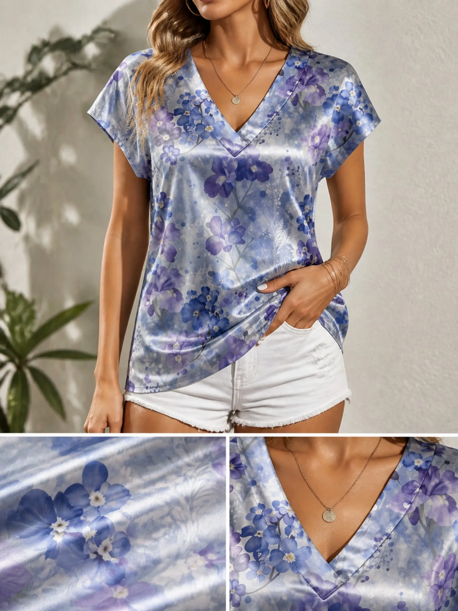 Floral Satin V Neck Top for Women Cap Sleeve Loose Draped Fit Silky Resort Lounge Summer Wear Lightweight Breathable Smooth Airy