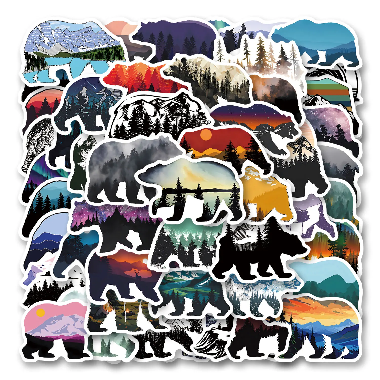 50 pegatinas de silueta de oso del bosque, para fundas de teléfono, portátiles, maletas, monopatines, pegatinas estéticas DIY