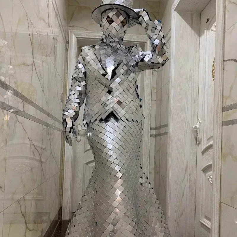 الذهب مرآة فستان الزجاج دعوى الرجال النساء زي عاكس DJ بار عرض الملابس المستقبل الفضاء حفل زفاف المرحلة تأثيري حلي