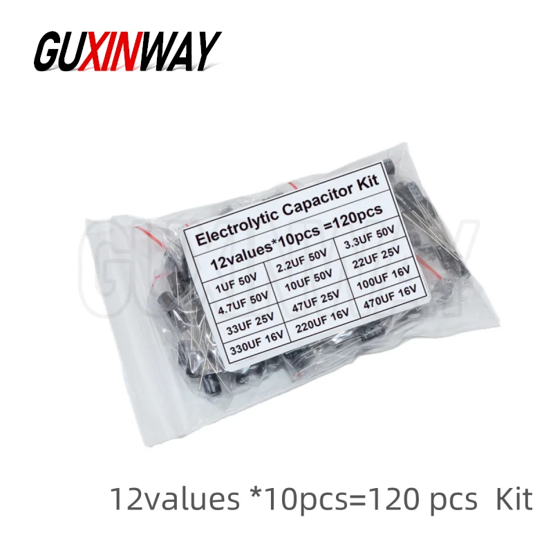 Condensatore elettrolitico da 120 pezzi 16V 25V 50V Kit condensatore elettrolitico in alluminio 12 valori 1uF-470uF DIP Condensatori elettroliti