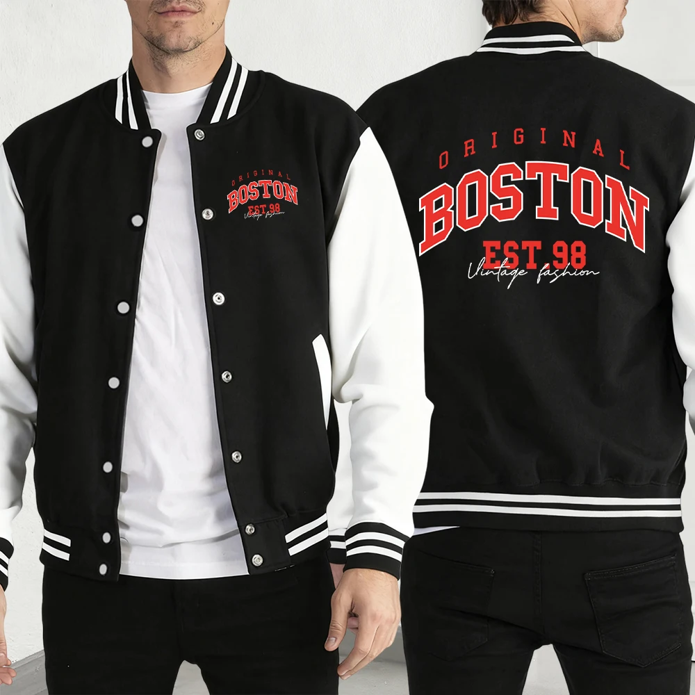 

Original Boston Est.98 Art Letter Print Men Y2K Menswear Pullover Clothes Casual Pocket Baseball Jersey Multicolor Loose Jackets
