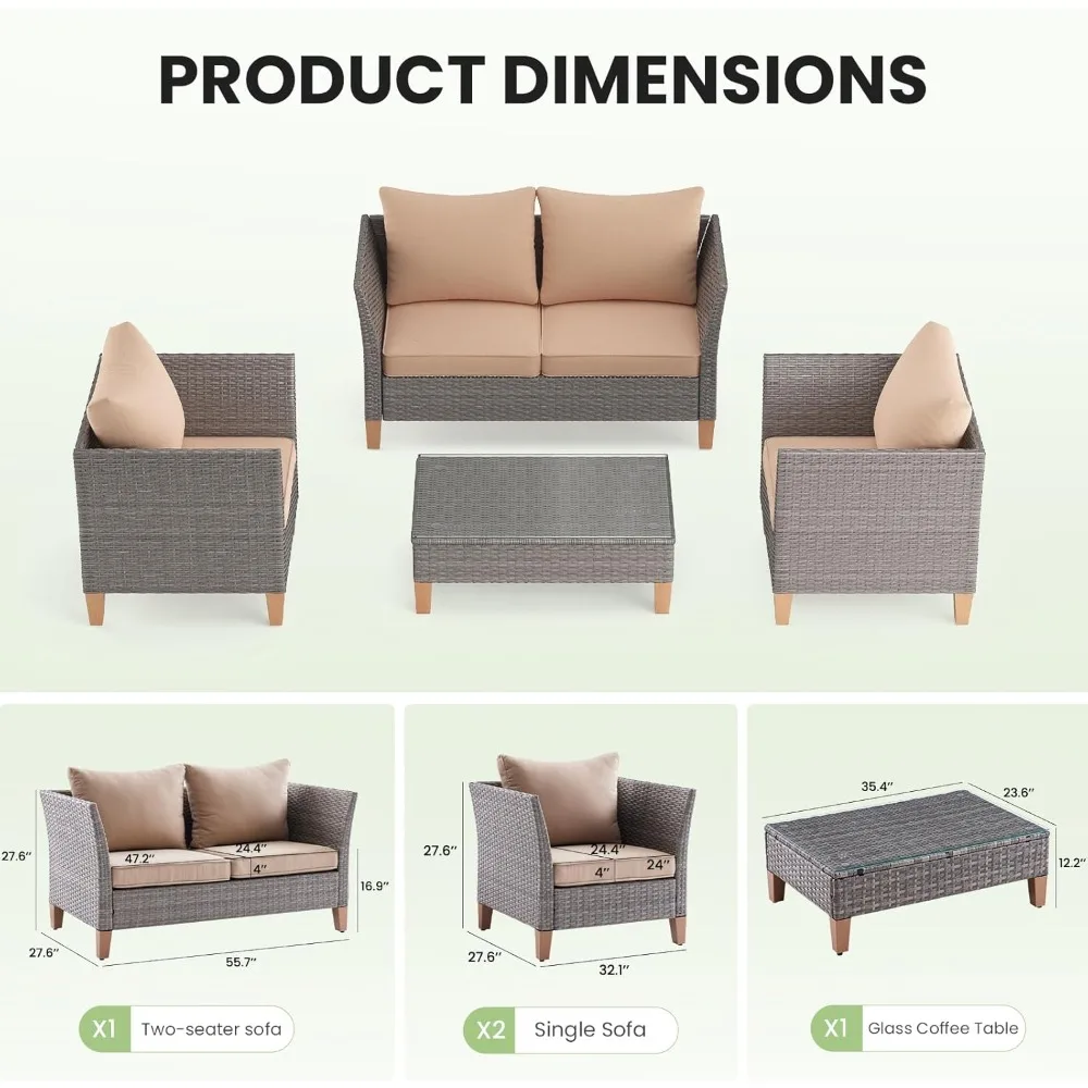 Комплект мебели для террасы из 5 предметов, уличная мебель с журнальным столиком, двуспальным диваном и 2 одноместными стульями, толстая подушка 4 дюйма.